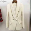 Weißer Tweed Blazer Frauen Sommer Casual Zweireiher Schal Halsband Dicke langes Büro Business Blazers Jacken 210525