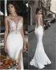 2021 Sexy Side Split Trouwjurken Strand Kant Applicaties Illusie Strand Bridal Jurk Satijn Bohemian Wedding Formele Jurk Schede Trouwjurken