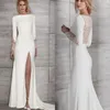 Simple White Satin Mermaid Wedding Dress Sexy Side High Split Illusion Back Beach Bridal Gowns Lace Long Sleeves Court Train Formal Bride Reception Dresses 2022