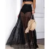 Faldas 2021 Long Maxi Falda de tul Mujeres Damas Vintage Lunares Malla Sheer Ver a través de una línea de cintura alta Blanco Negro