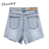 Yitimuceng Womens Denim Shorts High Waisted Jean Ripped Summer Casual Solid Blå Kläder Fashion Hollow Out Hole Sweat 210601