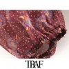 Traf Women Fashion Print med Bow See Through Wrap Blueses Vintage V Neck Long Sleeve Female Shirts Blusas Chic Tops 210326