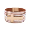 Bangle estilo étnico casal jóias couro genuíno punhos largos pulseira feminina cruz fivela magnética charme female281k