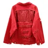 Red White Black Denim Jacket Button Hole Pocket Long Sleeves Loose Sequined Patchwork Turn Down Collar C0181 210514