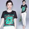 Sommar Kvinnor Casual Print Patchwork Satinskjorta Mode Toppar Tees Rayon T-Shirts O-Neck Loose O-Neck Kortärmad Tshirts 210401
