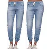 Vår och höst Kvinnors Jeans Straight Hip-up Mid-Waist Trend Casual Lace-up Tvättade Fötter Lantern Ladies Tunna Byxor WS38 210809