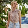 Ragazze Sweet Short Shirts Colletto rovesciato Plaid Coulisse Retro Crop Top Beach Causale Top senza maniche Estate Moda donna 210527