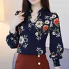 Blanc imprimé floral femmes Blouses printemps été col en V à manches longues en mousseline de soie Blouse chemises décontracté lâche bureau dames hauts 6140 50 210512