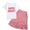 Summer Odzież Dla Dzieci Dziewczyny Moda Outfit Dzieci Bawełna Spódnica Zestawy List Print Biały T-shirt + Spódnice Plaid 2 sztuk Garnitur 210622