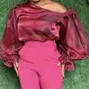 Women Burgundy Shirt Blouse Off Shoulder Transparent Long Lantern Sleeve Sexy See Through Spring Summer Fashion Tops Plus Size 210527