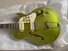 295 Memphis Scotty Moore Metallic Green Gold Hollow Body Elektrische Gitaar Historische Bloemen Slagplaat, Witte P90 Pickups, Trapeze Tailpiece, Split Parallellogram Inlay