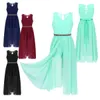 Kids Girls Sleeveless V Neck Romper Maxi Dress with Sparkly Rhinestone Belt for Pageant School Dance Birthday Party Dresses Q0716