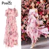 Pink Floral Print Dress Women's Sexy Off Shoulder High Waist Ruffles Summer Fashion Runway ResortDresses Vestidos 210421