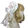 Headpieces T84B Japanese Lolita Bonnet Sweet Lace Artificial Flower Pearl Beading Top Hat Kawaii Ribbon Bow Feather Side Hair Clip Gothic