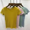 Tees Kvinnor Ruffled Shirt Trimmings Ribbed Crop Tops Solid Fashion Short Sleeve Mjuk och stretchig kort T-shirt Kvinna Beskära Toppar G220228