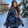 TRODEAM Women's Winter Leather Jacket Stitching Faux päls krage manschettbeläggningsbälte smal elegant varm tjock överrock kvinnlig 210916