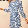 Robe haute qualité Vintage bleu imprimé fleuri O cou robe femmes vacances à manches longues France vestidos 210520