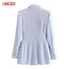 Tangada Women Fashion Blue White Plaid Tweed Blazer Coat Vintage Double Breasted Female Office Lady Chic Tops 3H91 210930