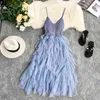 Boho Knit Patchwork Mesh Sexy V Neck Spaghetti Strap Summer Midi Long Dress Party Women Casual Beach Holiday Irregular Vestidos Y220413