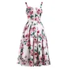 女性のための花柄のプリントスリングドレスのためのスクエアカラーノースリーブの高い腰のヒット色ビンテージ夏のドレス女性のファッション210531