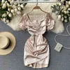 Women Satin Dress Summer Short Sleeve Ruched V-neck Mini Shinny Luxury Casual Party Beach Ladies Vestidos 210603