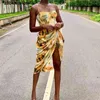 Kvinnor Vintage Gul Tie Dye Blomma Tryck Spaghetti Strap Klänning Hem Slim Waist Slit Oregelbundna Långa Klänningar Sling Vestido 210611