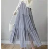 Svart lång grå pläterad tutu kjolar sommar vintage kvinnor elastisk hög midja mesh midi tulle kjolar kvinnlig Jupe Longue Saia 210619