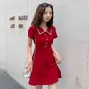 Koreansk stil chic kortärmad knapp kvinnor mini klänning nedbrytning krage solid färg damer klänningar sommar kvinnlig robe 210521