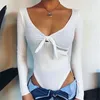 Sexy Tie V Neck Thread Knitting Bodysuit Women Pink Long Sleeve Rompers Womens Jumpsuit Casual One-pieces Bodysuits 210430