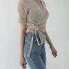 Koreansk Sexig Elegant Slim V-Neck Side Cross Slips Midja T-shirt Toppar Kvinna Kortärmad Sweater Topp T-shirt Kvinnor 210514
