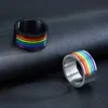 10mm 게이 프라이드 결혼 반지 스테인레스 스틸, 무지개 스트라이프 다단도 반지, 에나멜 반지, 무료 조각