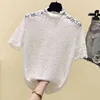 Koreansk kortärmad spetsskjorta Fast sommarkvinnor Toppar och blusar Slim Patchwork Kläder Blusas 9186 50 210521