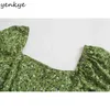 Grön blommig tryckklänning Kvinnor Sexig Square Neck Puff Sleeve A-Line Short Female Holiday Sommar Vestido 210514