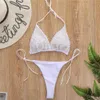 Witte parel bikini 2021 mujer sexy backless lace-up badpak roze micro mini strand badmode vrouwen 2 stuks thong sets