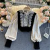 Woherb Vintage Lace Crochet Floral Blusa Mulheres Doces Ruffles Beading Single Breasted Shirts Lantern Manga Veludo Blusas Tops 210317