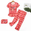 Cotton Pajamas Set Short Sleeve T-shirt Long Pants 2Piece/Set Summer Sexy Pyjama Big Size Mom Homewear Cozy Plus Sleepwear 210809