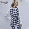 Höst Vinter Kvinnors Ärmlös Plaid Coat Dubbelbröst Fickor Casual Vest Jacka med bälte Kvinnor Ytterkläder 210510