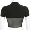 Sexy Black Crop Top Harajuku Mesh Transparent Patchwork Tee-shirt Femmes Cropped Tops Tees Femme Slim Turtleneck T-shirts 210517