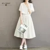 夏のドレスの女性の服の綿のリネンの縞模様のプリント半袖ハイウエストAラインドレスvestidosチュニック210520