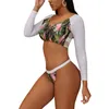 Women's 2 Pieces Swimsuit Long Sleeve V-Neck Zipper Crop Tops And Bikini Bottom With Mesh Set Swimwear