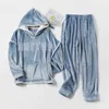 Hooded Flannel Men's Pajama Pants 2 Pieces/Set Winter Thick Warm Sleepwear For Couples Casual Loose Home Costumes Set 211110