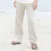 Pantaloni casual estivi da uomo Pantaloni di lino in cotone naturale Pantaloni da spiaggia larghi dritti dritti in vita elastica leggera verde maschile 210709