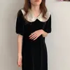 Women French Retro Solid Dress Velvet Loose Gentle Short Sleeves Elegant Long Chic Female Fashion Clothe 210525