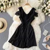 Корейский модный кружевной край с коротким рукавом тонкие а-линия платье женщины черный Harajuku Vestidos de Mujer R263 210527
