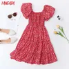 Tangada été femmes fleurs rouges imprimer robe d'été bouffée à manches courtes dames robe d'été QW99 210609