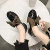 Dress Shoes 2021 Women Small Leather Women's Retro British Style Bow College Soft Black Chunky-Heel Woman Low Heel Daily