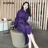 Spring Fashion Vintage Women Long Dress Turn Down Collar Velvet Button Up es Sashes Ladies Party 210521