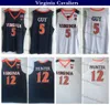 남성 NCAA 버지니아의 Cavaliers # 5 카일 녀석 12 De'andre 헌터 대학 농구 유니폼 화이트 스티치 셔츠 S-XXL