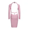 Arrival Winter Women Sexy Designer Long Sleeve Backless Pink Bandage Dress Chain Sparkly Bodycon Party Vestido 210527