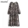 Şık hayvan baskı uzun maxi elbise sonbahar bahar o boyun gevşek pilili yay süslemeleri vintage sundress 210508